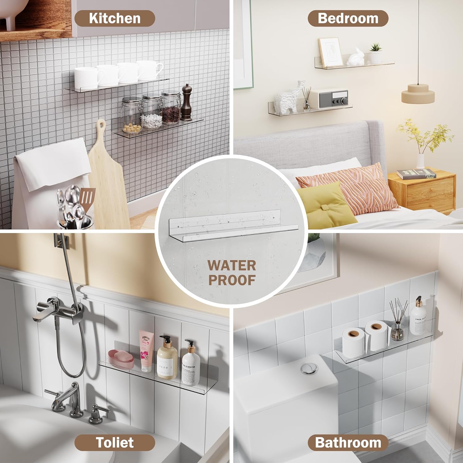 Set of 4, Acrylic Adhesive Shelf for Wall, 15" Clear Bathroom Stroage Shelves, Acrylic Floating Wall Mounted Organizer, Book Shelves for Kids Baby (No Drill)