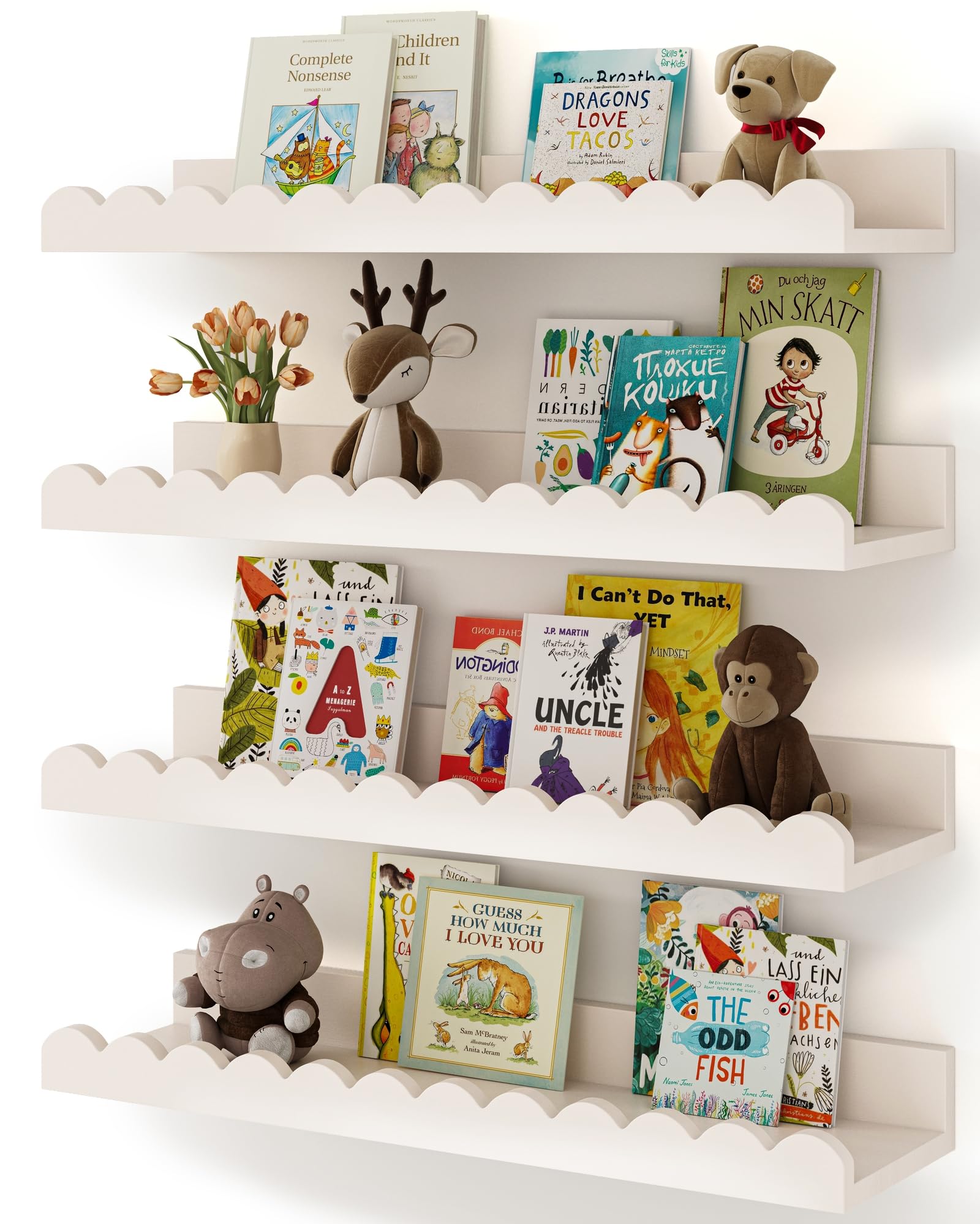Nursery Book Shelves, 4-Pack White Floating Shelves for Wall Kids, Scalloped Shelves, Wall Book Shelves for Bedroom Kids, Toddler Room, Baby Room, Nursery Decor