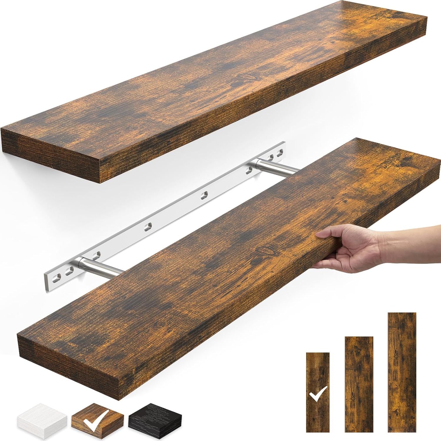 BAYKA Floating Shelves, 22.5" Wall Mounted Wood Shelves for Bathroom, Bedroom, Living Room, Kitchen, Hanging Shelf for Books/Storage/Decor with 22lbs Capacity (Rustic Brown,Set of 2)