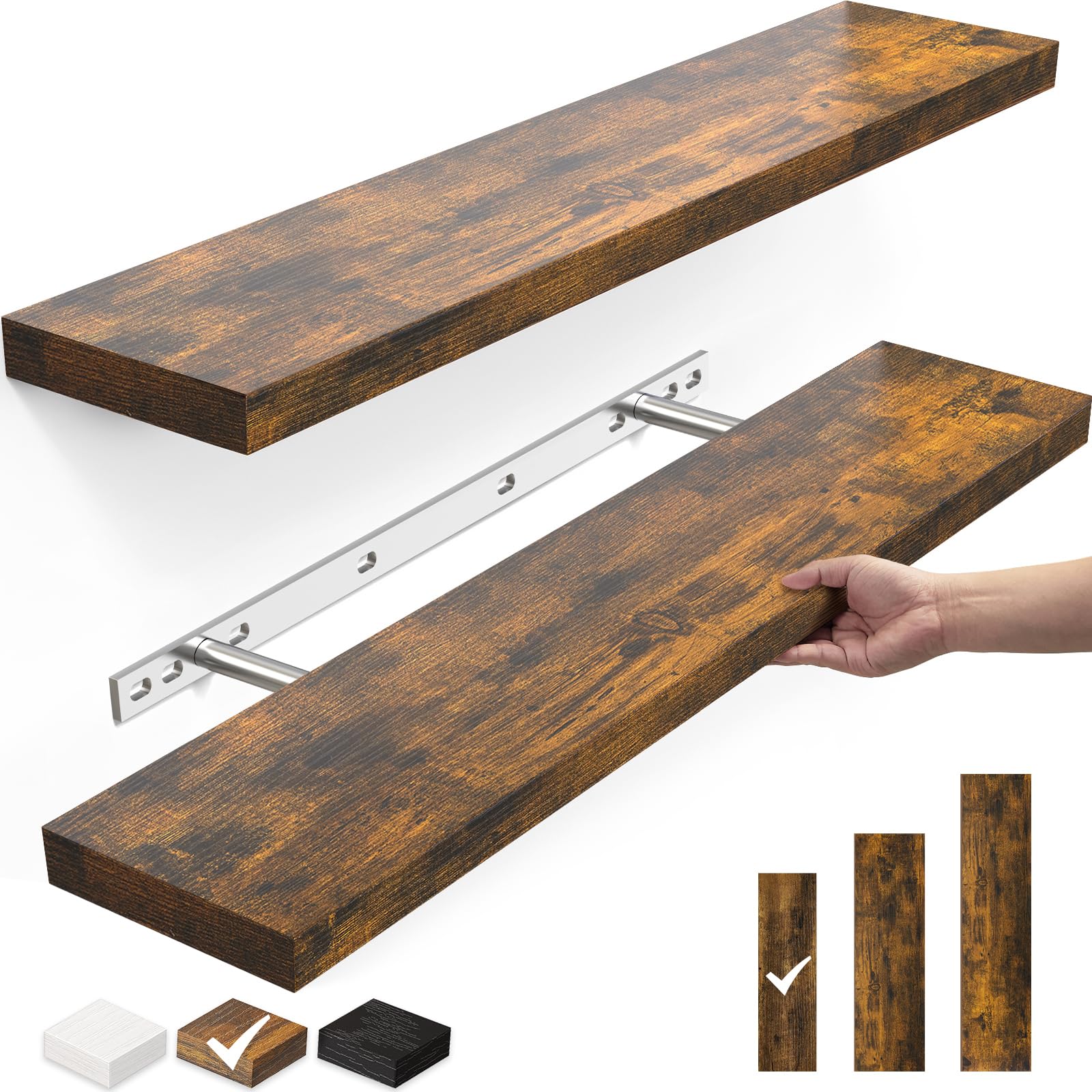 BAYKA Floating Shelves, 22.5" Wall Mounted Wood Shelves for Bathroom, Bedroom, Living Room, Kitchen, Hanging Shelf for Books/Storage/Decor with 22lbs Capacity (Rustic Brown,Set of 2)